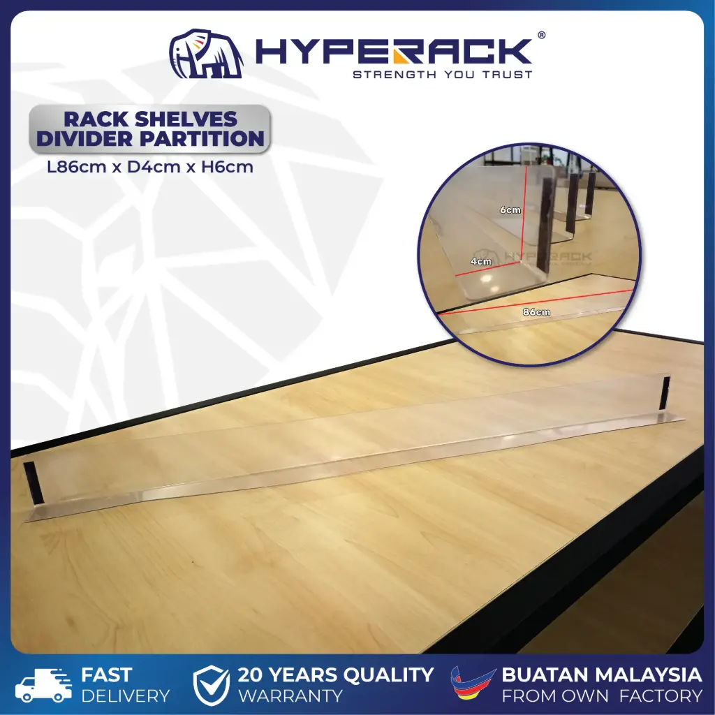 HYPERACK ™️ Transparent Magnetic L-Shaped Shelf Divider for Boltless Rack, Bookshelf & Library Shelves (86cmL x 4cmD x 6cmH)
