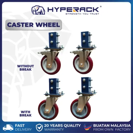 [W-BRBCW] HYPERACK ™️ Boltless Rack Wheels Castor Swivel Braked Roller Trolley Leg Roda Rak Besi