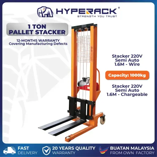 HYPERACK ™️ 1 Ton Pallet Stacker Forklift Hand Pallet Jack Semi Auto 1.6M Max Load 1000kg