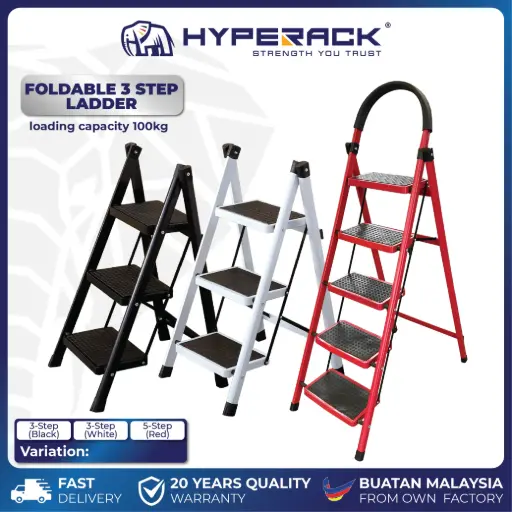 HYPERACK ™️ Foldable Ladder 3 , 5 Steps Steel Load Capacity 100kg 