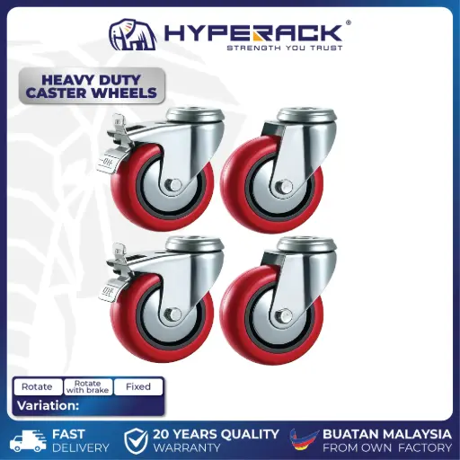 HYPERACK ™️ Polyurethane Swivel Braked & Fixed Casters (RED PU) Wheels