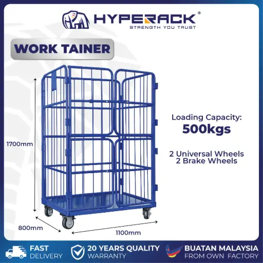[W-WTB4D] HYPERACK ™️ 500kg Work Tainer 4 Door Cage Trolley Heavy Duty Blue Swivel Wheels Brake Wheels